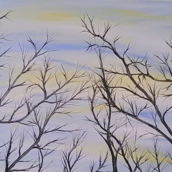 Up Through the Trees — branches against a sunrise sky
